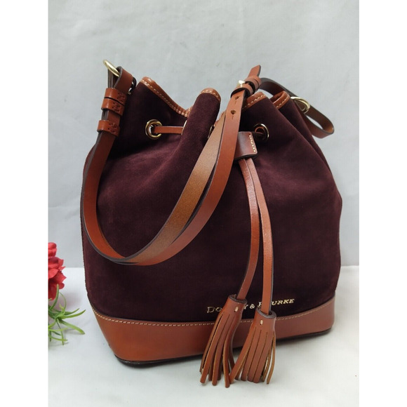 Dooney & Bourke Burgundy Suede Leather Drawstring Bucket Shoulder Bag - Picture 4 of 16